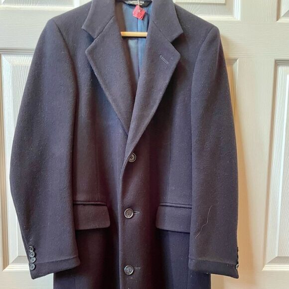 NAVY BLUE 100% WOOL OVERCOAT by WALLACHS SIZE 38 SHORT LIKE NEW VINTAGE - Picture 4 of 7